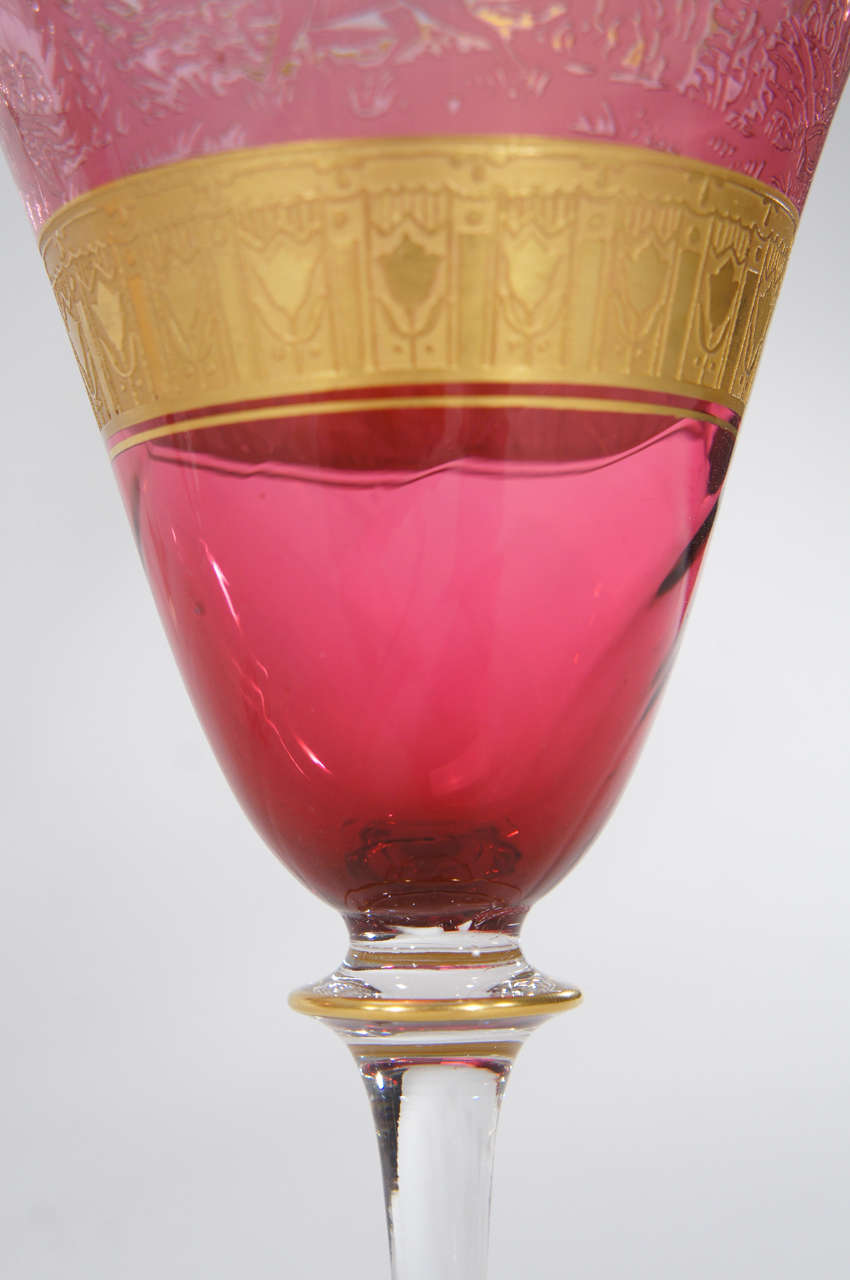 Set of Eight Moser Cameo Crystal Cranberry Goblets with Acid-Etched Gold 3
