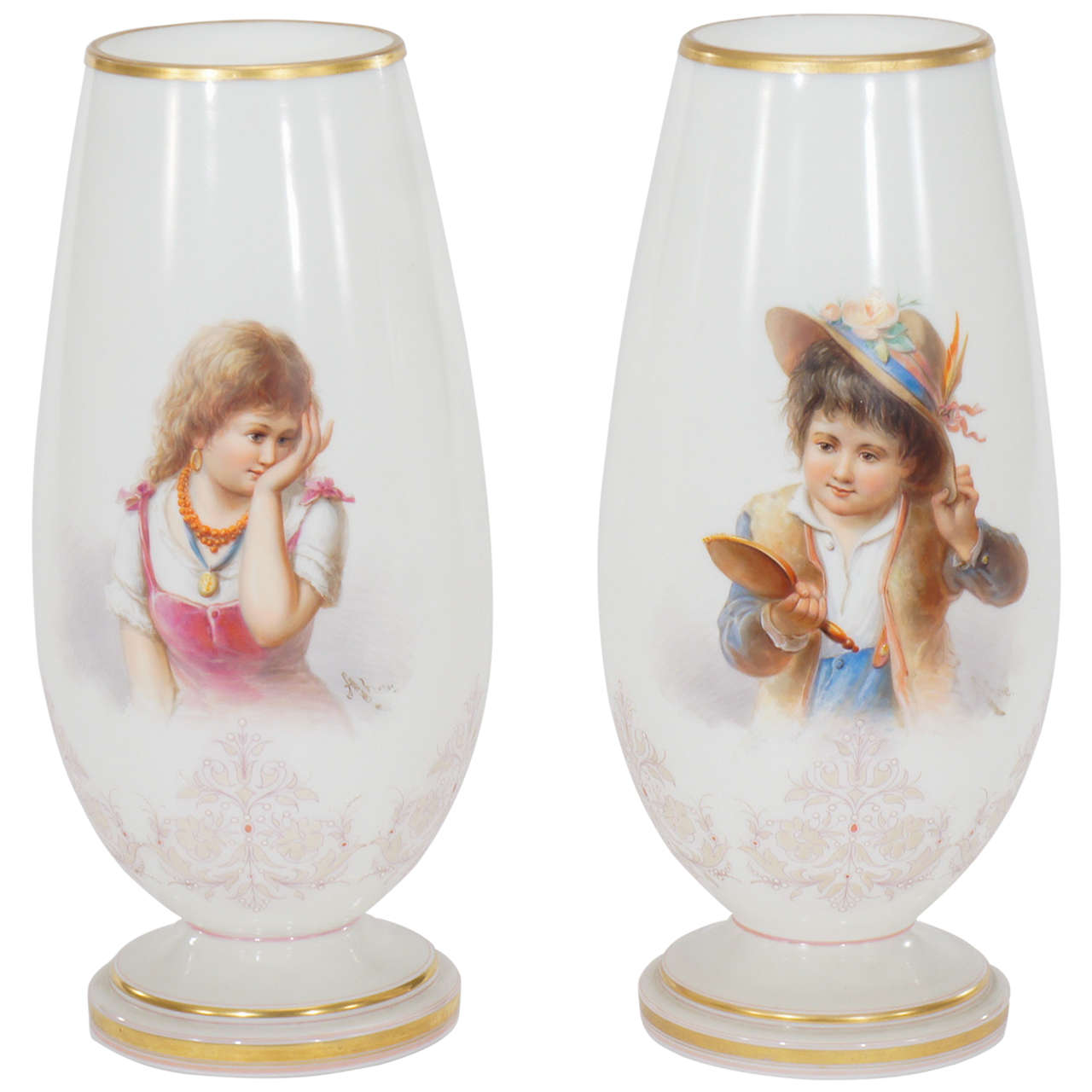 Pair of Signed Ahne Hand Painted Large White Mantle Vases For Sale at