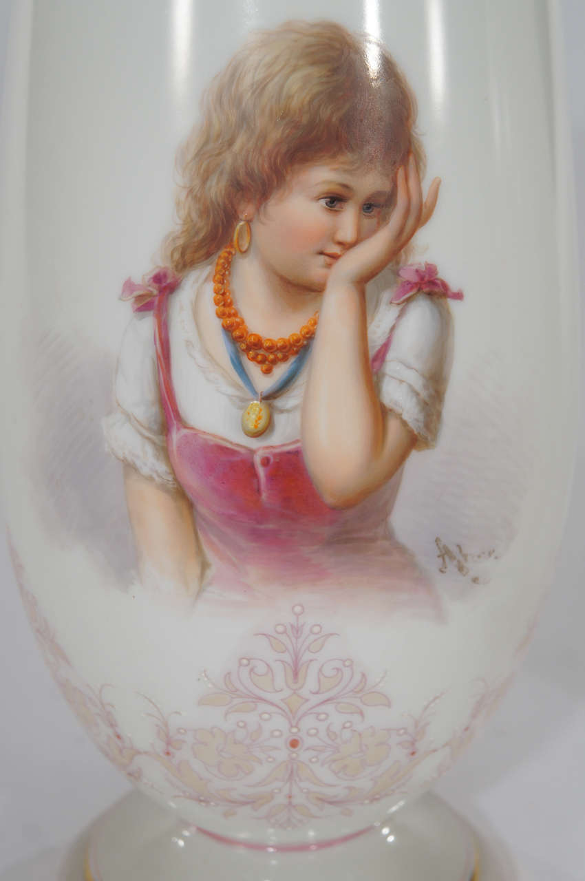 Pair of Signed Ahne Hand Painted Large White Mantle Vases For Sale at