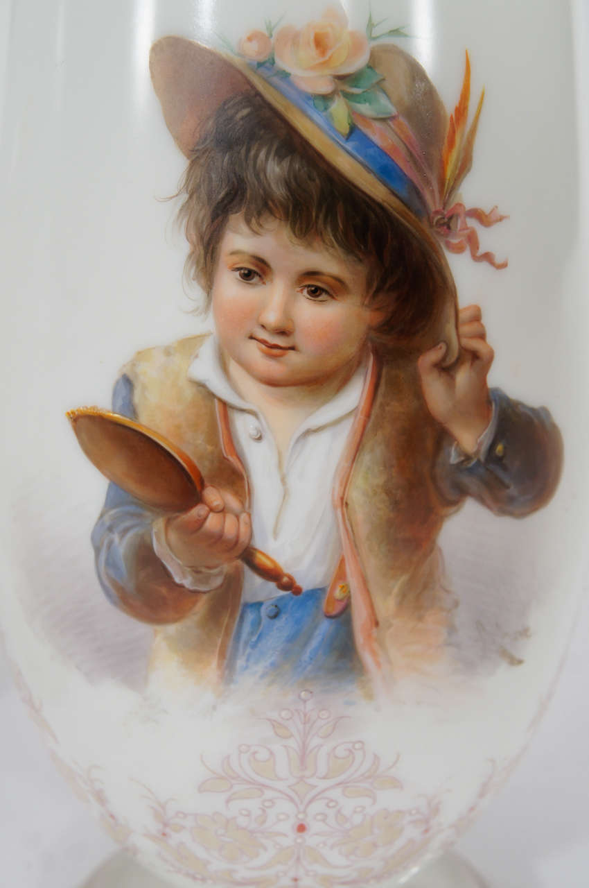 Pair of Signed Ahne Hand Painted Large White Mantle Vases For Sale at