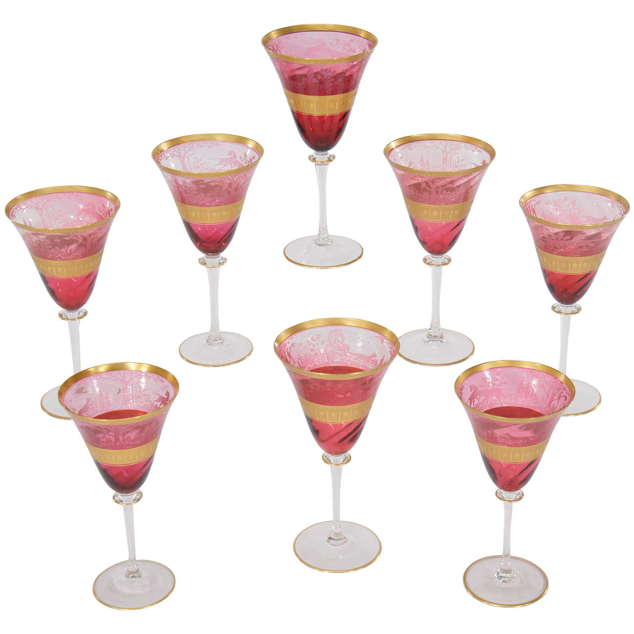 Set Of Eight Moser Cameo Crystal Cranberry Goblets With Acid Etched