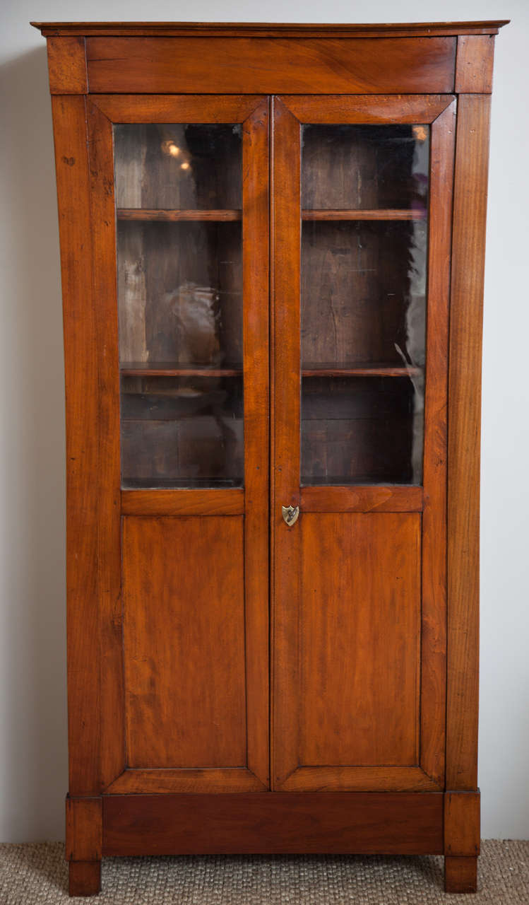 A charming tall book case in walnut with two paneled doors and original glass.   The top three shelves are behind glass, perfect for showcasing objects, and the lower two shelves serve as storage.  The piece has an elegant simplicity to it, and the