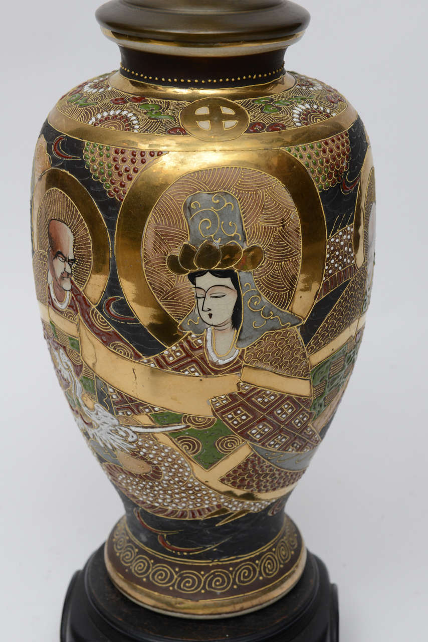 Porcelain Japanese Satsuma Lamp with Teak Base For Sale