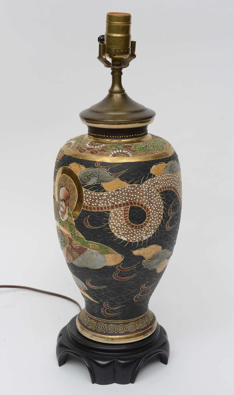 Japanese Satsuma Lamp with Teak Base For Sale at 1stDibs