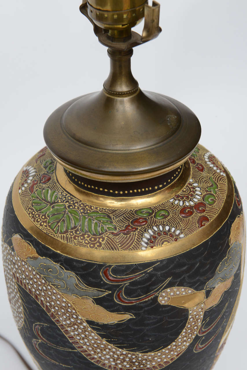 Japanese Satsuma Lamp with Teak Base For Sale at 1stDibs