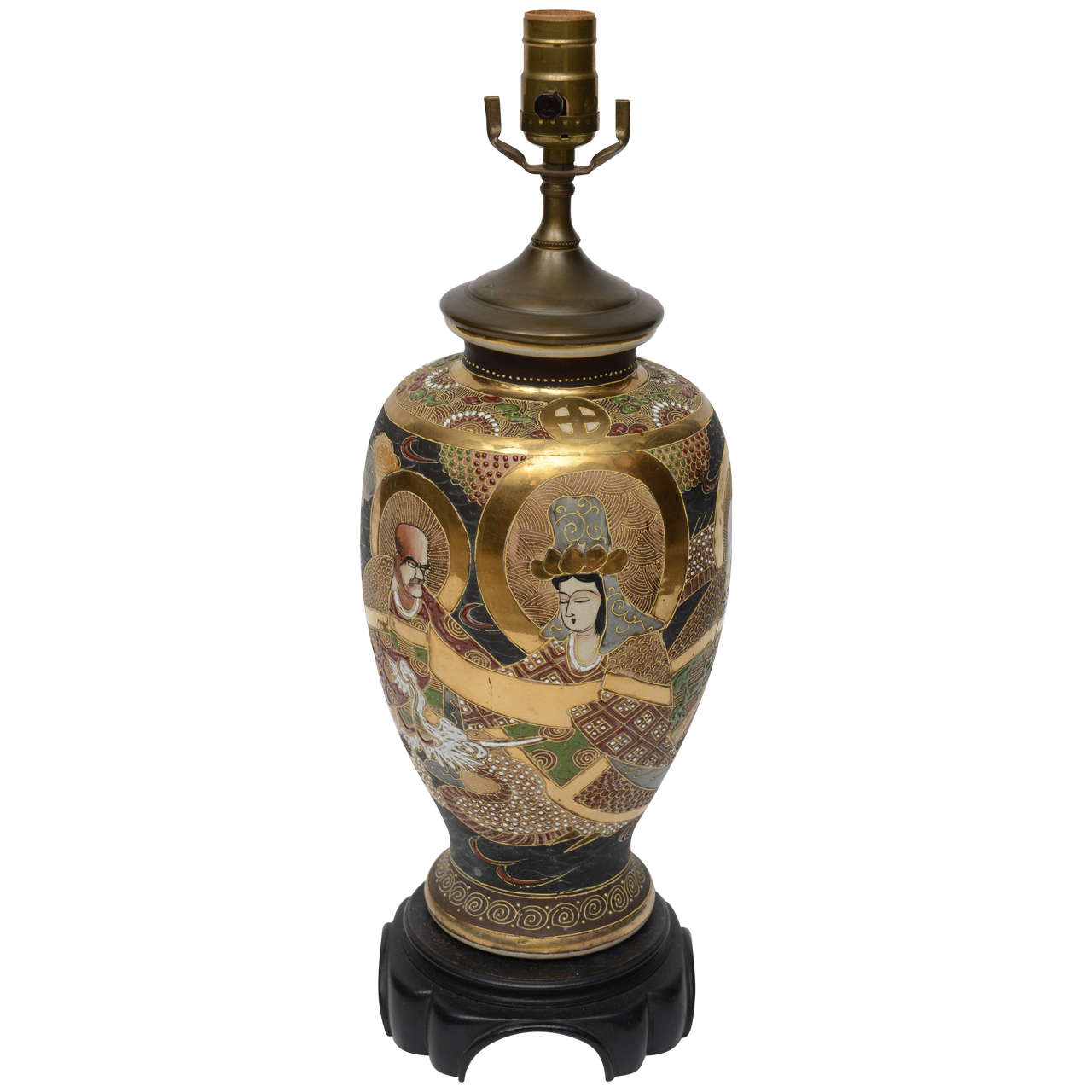 Japanese Satsuma Lamp with Teak Base For Sale at 1stDibs