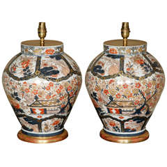 Elegant Large Pair of Lamped Continental Imari Porcelain Vases