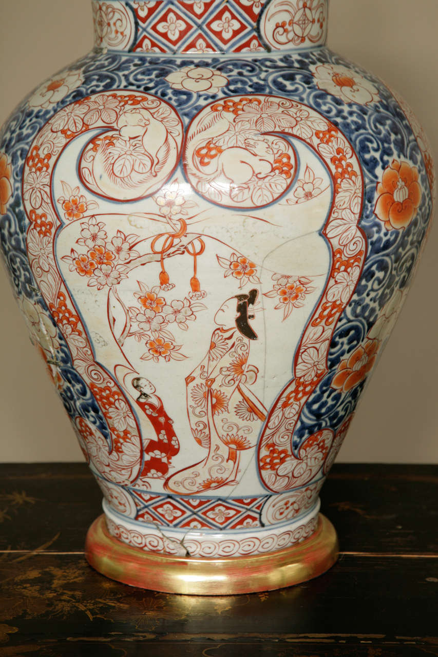 Large 17th Century Lamped Japanese Imari Baluster Vase 4