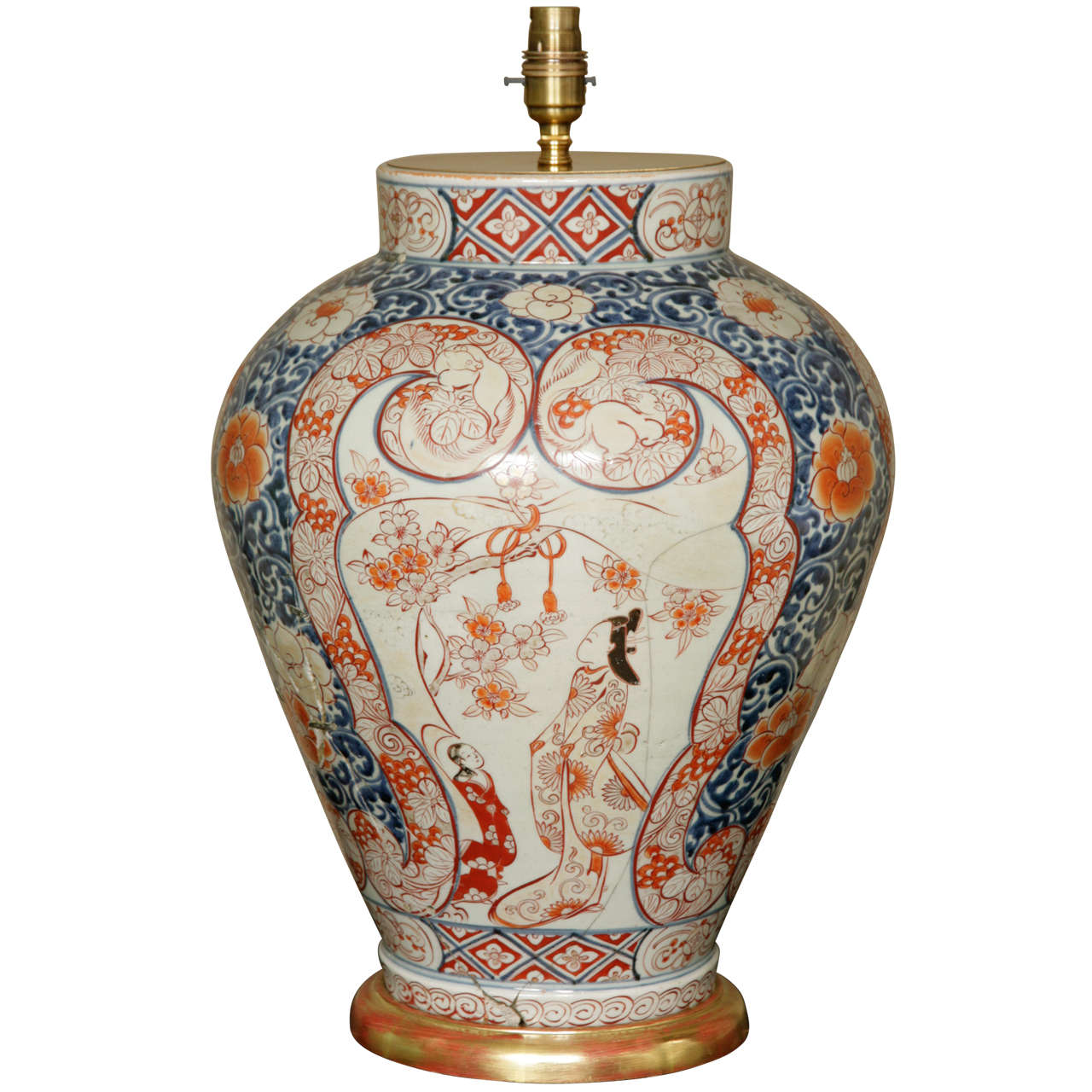 Large 17th Century Lamped Japanese Imari Baluster Vase