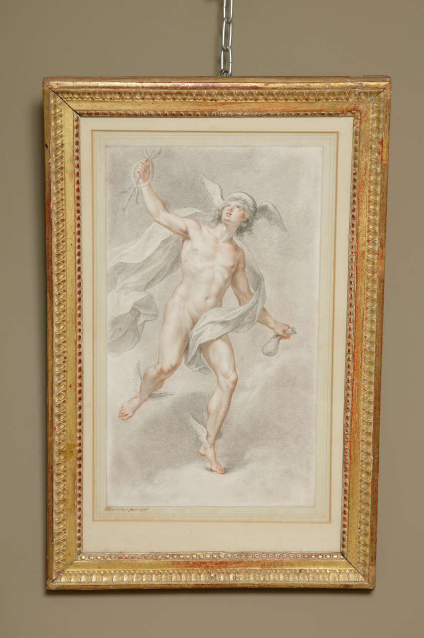 Important and large composition by Francesco Bartolozzi (Florence 1725-1815 Lisbon). Black, red chalk and brown wash drawing of Mercury carrying his caduceus looking up to the left. Signed and dated 'F.Bartolozzi fecit 1776' on the mount. Framed in