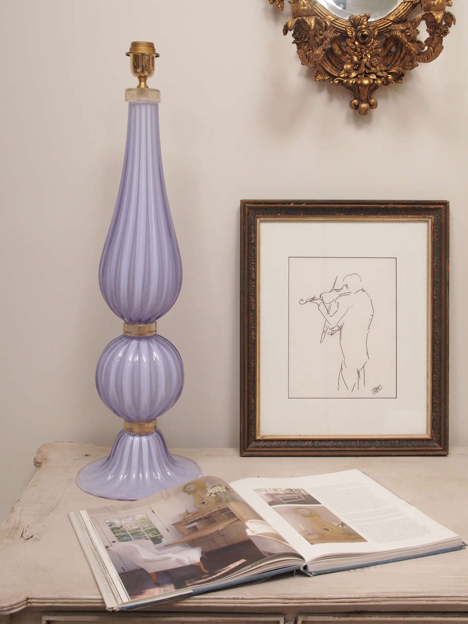 Single Large Handblown, Italian Murano Lavender and Gold Glass Lamp 4