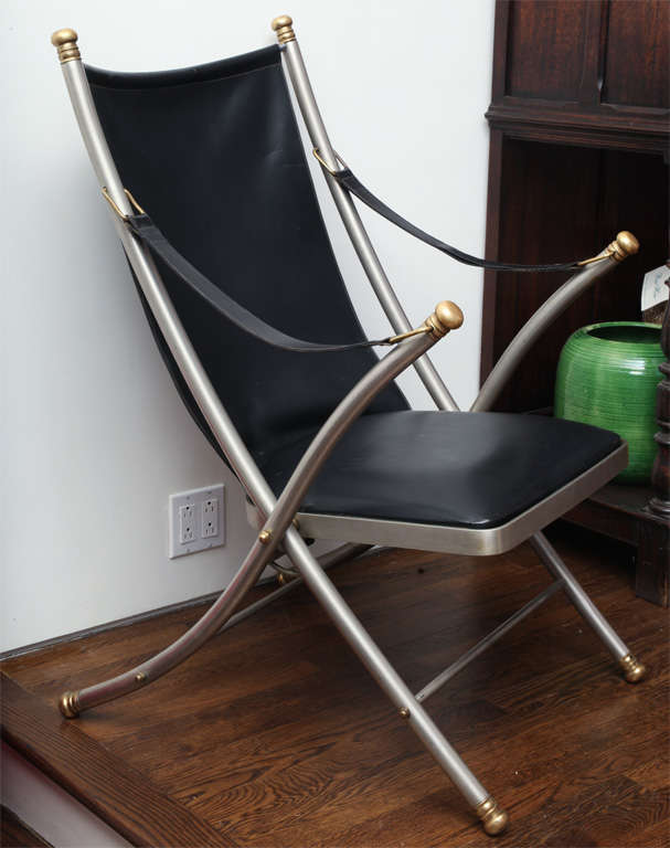 French Black Leather Folding Campaign Chair by Maison Jansen