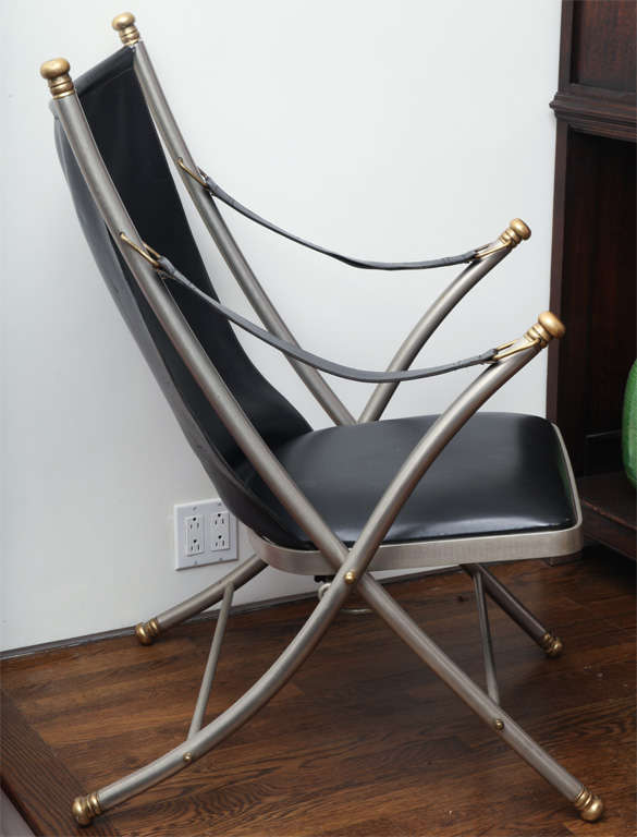 Late 20th Century Black Leather Folding Campaign Chair by Maison Jansen