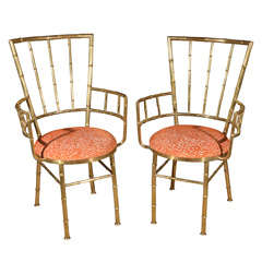 Vintage Rare Pair Brass Faux Bamboo Chairs