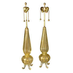 Pair Exquisite Barovier & Toso Gold Footed Murano Lamps