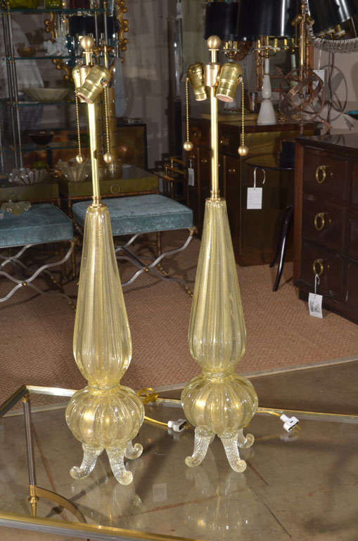 Pair of large and exquisite Barovier & Toso footed glass lamps with gold inclusions. Rewired with unfinished brass fittings and on/off double clusters. Each lamp uses 2 - 60 watt max A type bulbs.