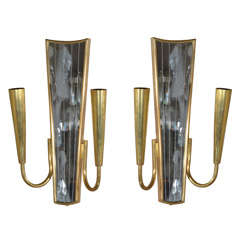 Pair Brass Mirrored Wall Sconces in the manner of Gio Ponti