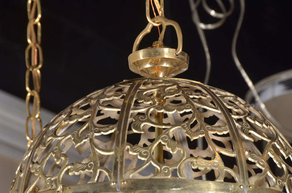 Mid-20th Century Trio Pierced Brass Asian Ceiling Pendants