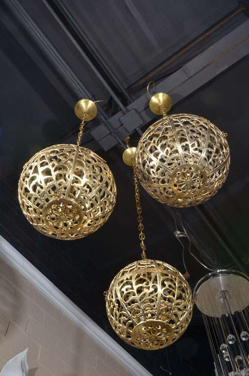 Trio Pierced Brass Asian Ceiling Pendants 3