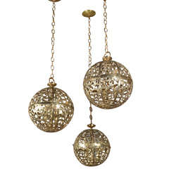 Vintage Trio Pierced Brass Asian Ceiling Pendants