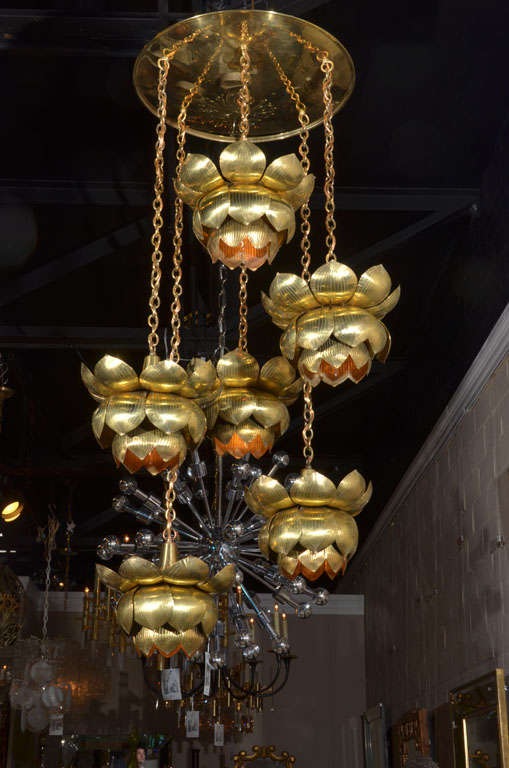 Very large and rare 6 light brass lotus chandelier with large ceiling plate. 
The diameter of each lotus 10