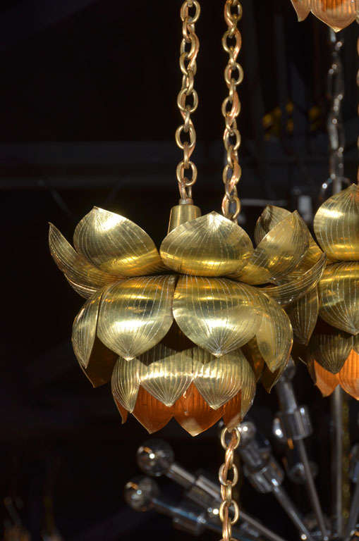 American Rare Large 6 Light Lotus Brass Chandelier