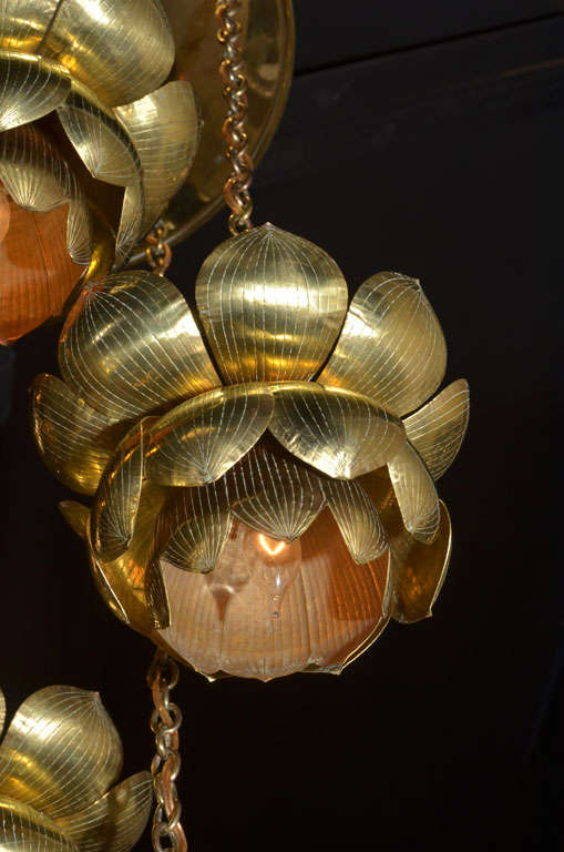 Mid-20th Century Rare Large 6 Light Lotus Brass Chandelier