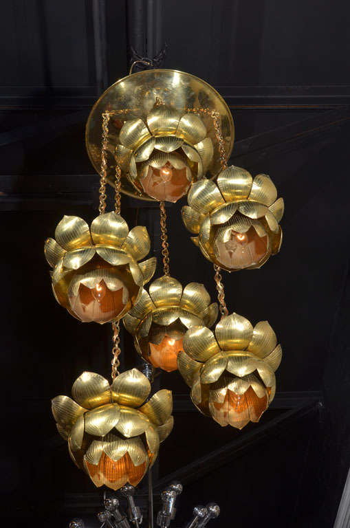 Rare Large 6 Light Lotus Brass Chandelier 1
