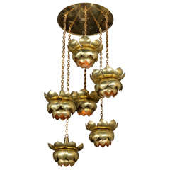 Rare Large 6 Light Lotus Brass Chandelier