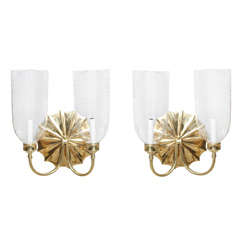 Pair of Brass Sconces with Etched Clear Glass Globes