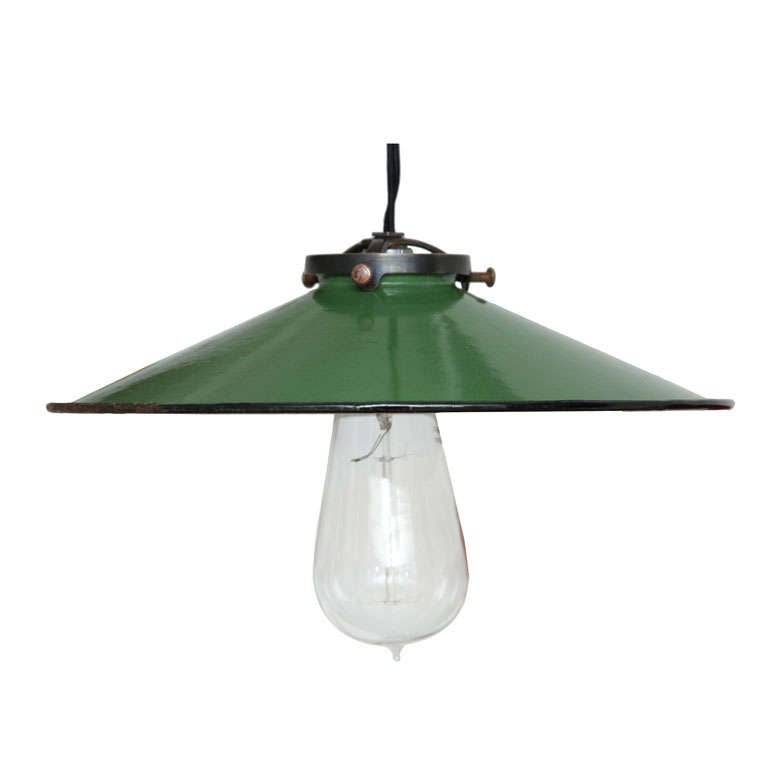 Pair of Vintage French Green Enamel Pendant Lights For Sale at 1stDibs