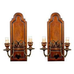 Tall Wood and Brass Sconces
