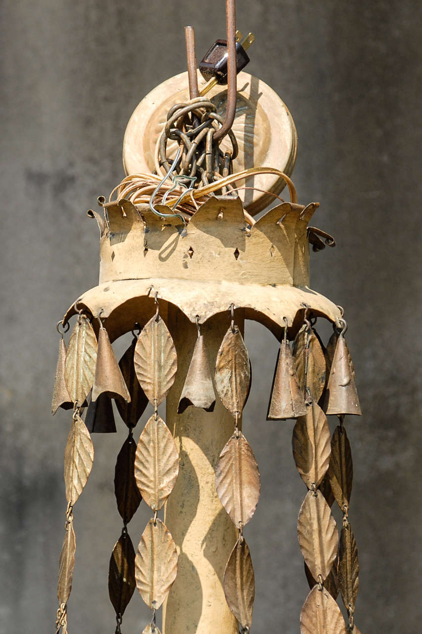 Italian Gold Painted Leaf Motif Tole Six-Light Unique Basket Shaped Chandelier