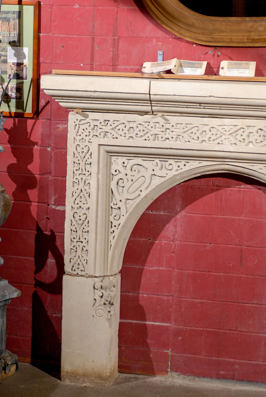 British English 19th C. Carved Stone Gothic Revival Mantel For Sale