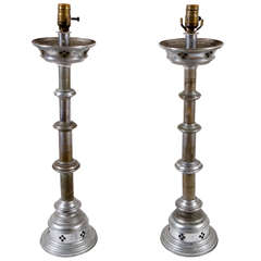 A Pair of Tall Pewter Candlestick Lamps