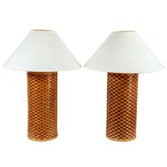 A Pair of Large Rattan Lamps with Falling Blocks