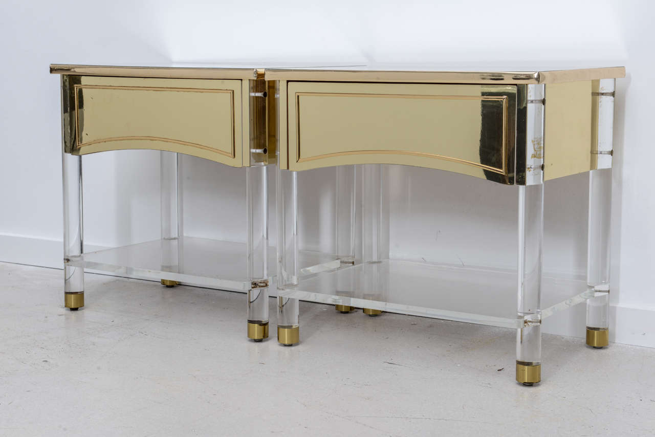 Pair of Brass and Lucite Bedside Tables at 1stdibs