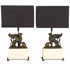 Antique Pair Of Lamps With XIXth Century Griffins In Bronze 