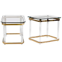 Pair of Charles Hollis Jones Lucite, Brass and Glass Tables        