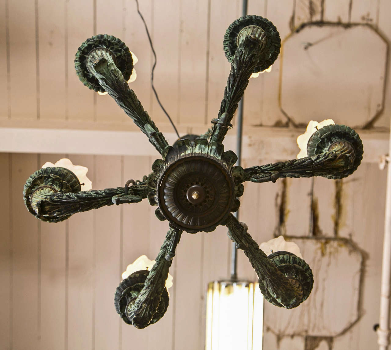 Pair of Antique Bronze Chandeliers Salvaged From Archiitectural Design In Excellent Condition In Stamford, CT