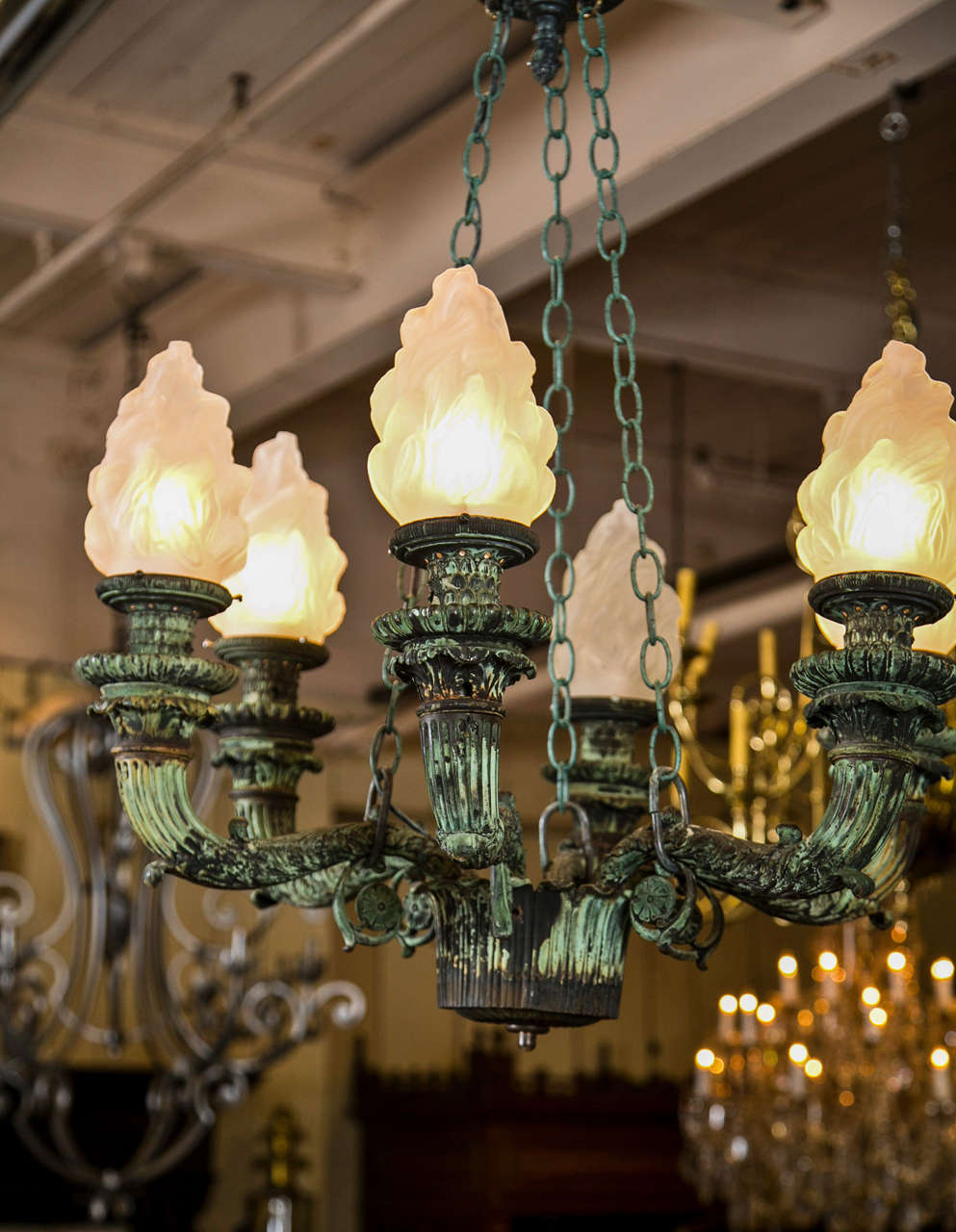 Pair of Antique Bronze Chandeliers Salvaged From Archiitectural Design 2