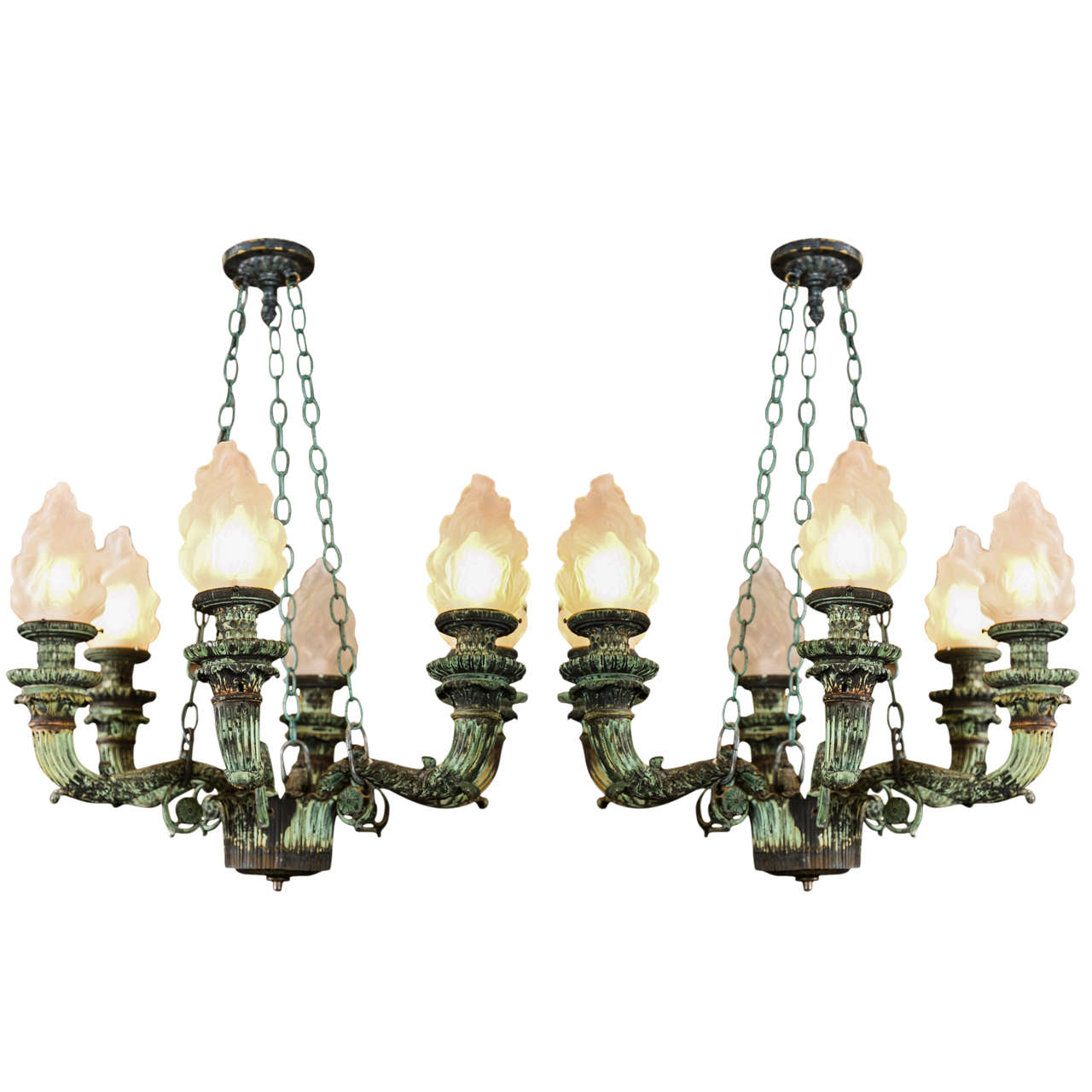 Pair of Antique Bronze Chandeliers Salvaged From Archiitectural Design
