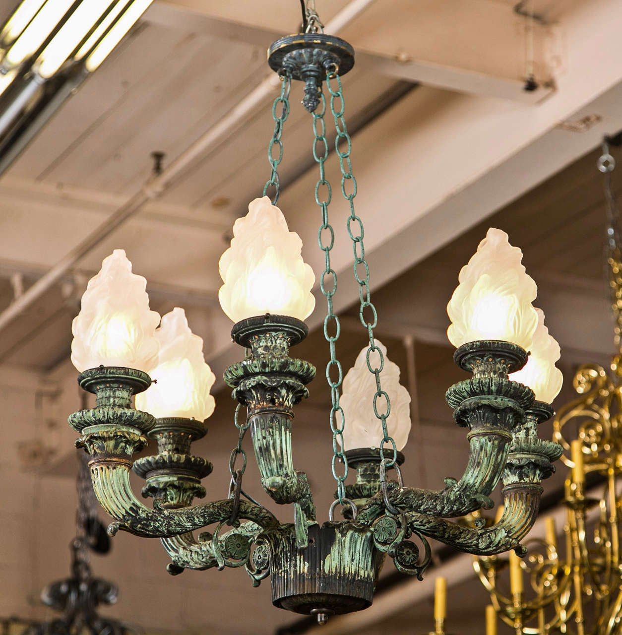 Pair of Antique Bronze Chandeliers Salvaged From Archiitectural Design