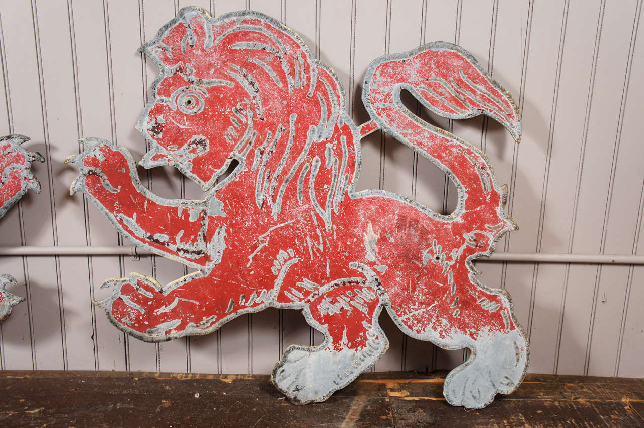 Pair Red Lions In Distressed Condition In Hudson, NY