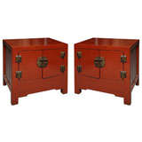 Antique Pair of Red Lacquer Bedside Cabinets