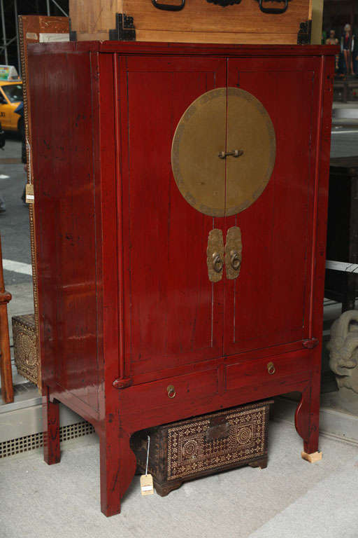 Elmwood Wedding Cabinet, Red Lacquer, Ningbo, 19th Century, Restored