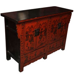 Antique Chinese 19th Century Red Lacquered Sideboard With Gold Chinoiserie Patterns 