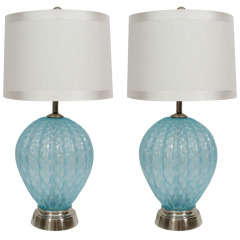 Pair of Ice Blue Murano Quilted Glass Lamps