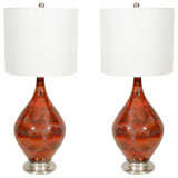 Pair of Mottled Orange Glazed Ceramic Lamps on Satin Nickel base