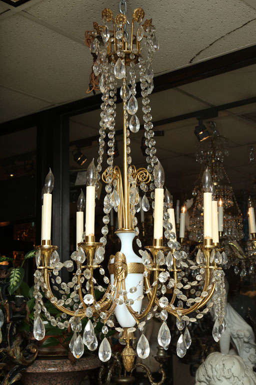 French Russian Style Bronze, Opaline Glass and Crystal Chandelier For Sale